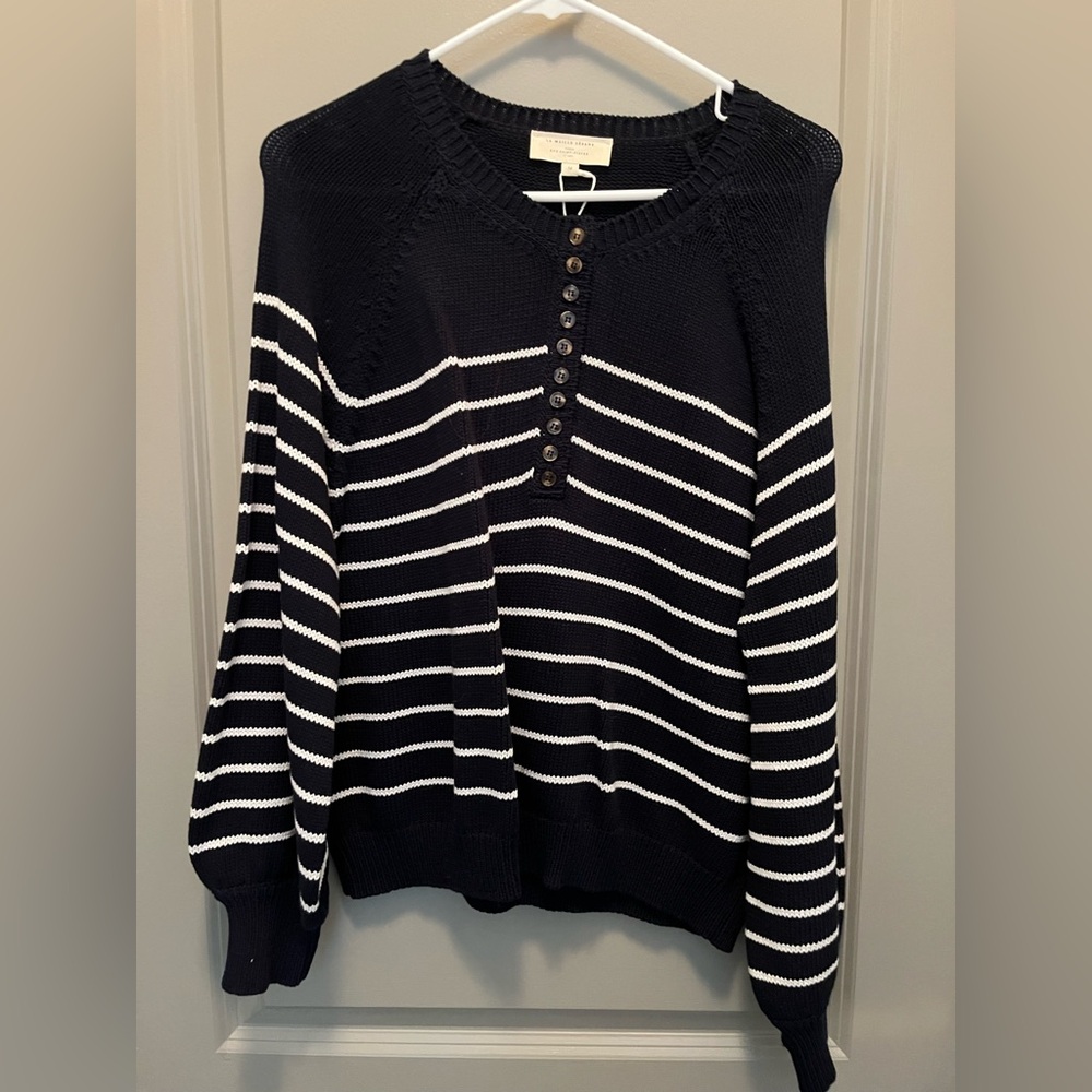 NWT Sezane Dark Blue and White Henley